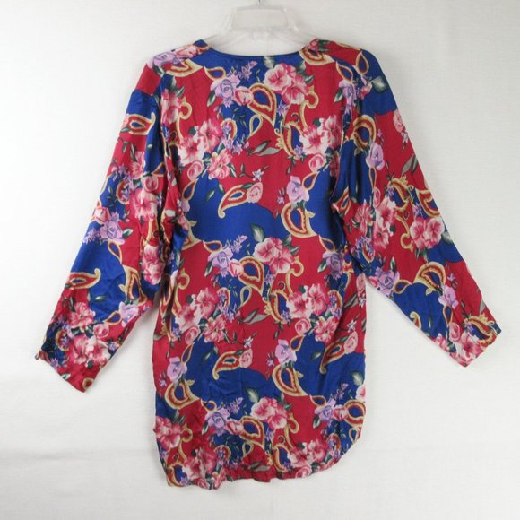 Vintage Robert Stock Red Pink Blue Printed Silk Pajama Top Size S Button Down - Picture 2 of 10